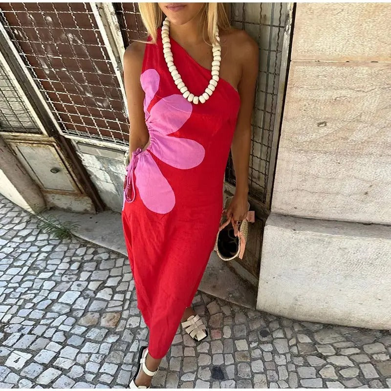 Red Floral Cut Out Midi Dress