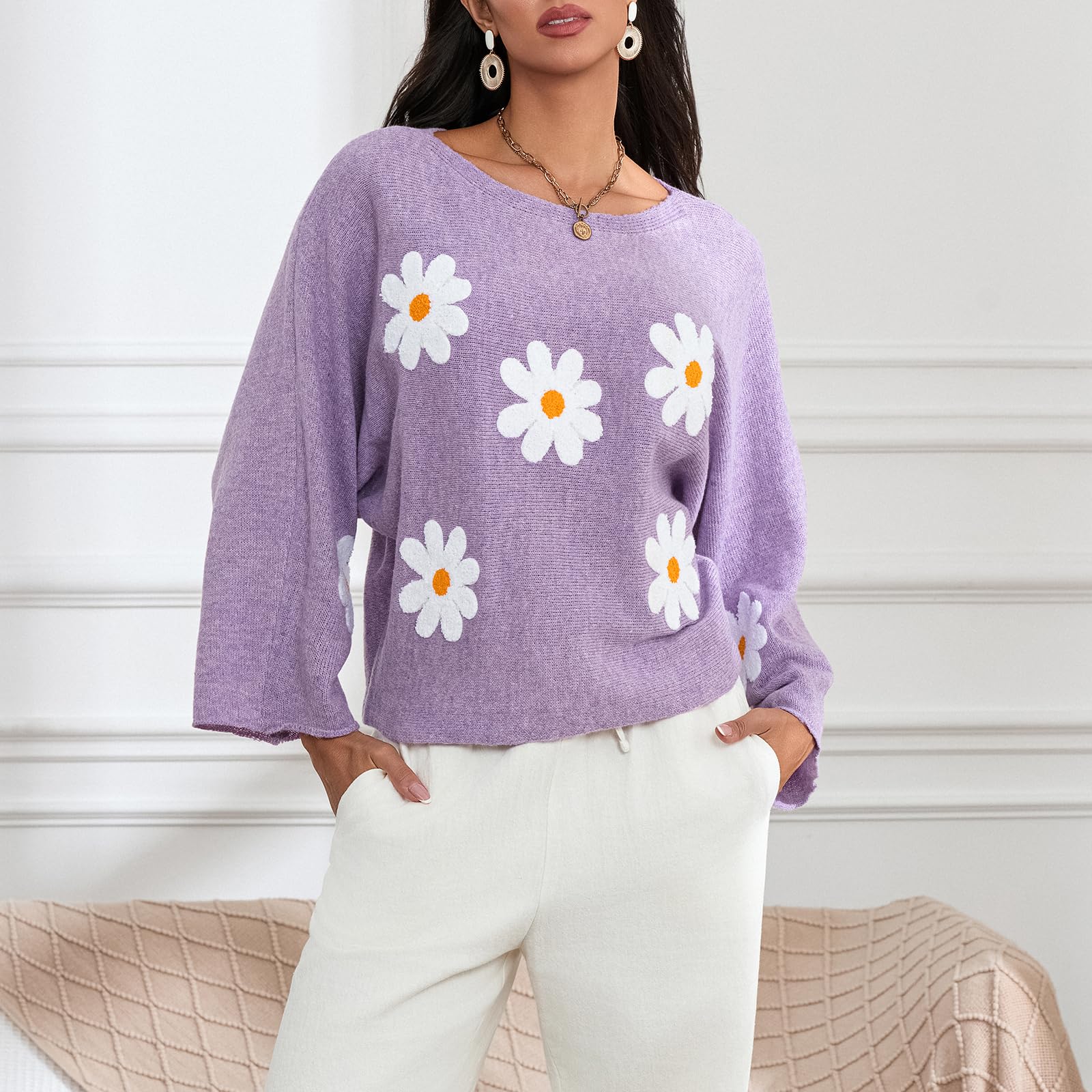 Embroidered Floral Knit Pullover Sweater