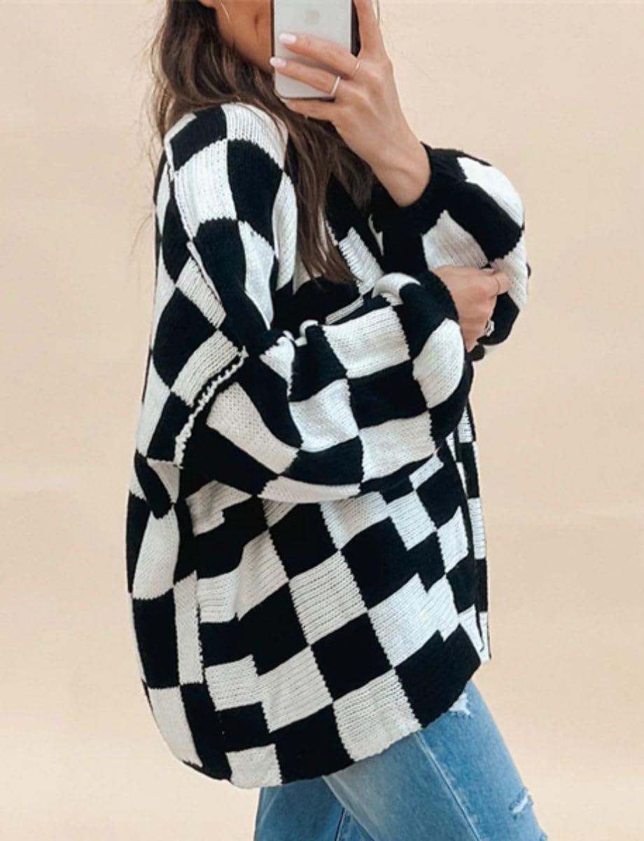 Color Block Plaid Checkered Cardigan Sweater