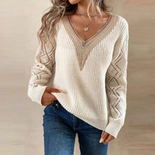 Load image into Gallery viewer, Long Sleeve V-neck Lace Patchwork Sweater
