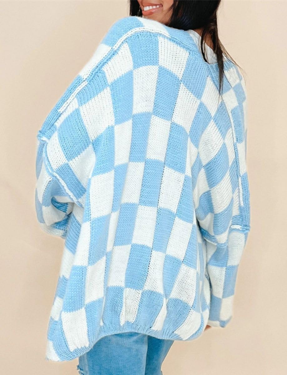 Color Block Plaid Checkered Cardigan Sweater