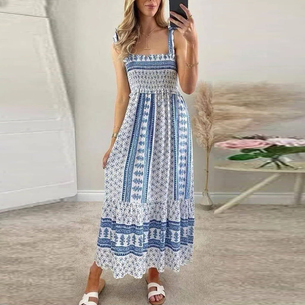 Blue Straps Printed Smocked Midi Dress