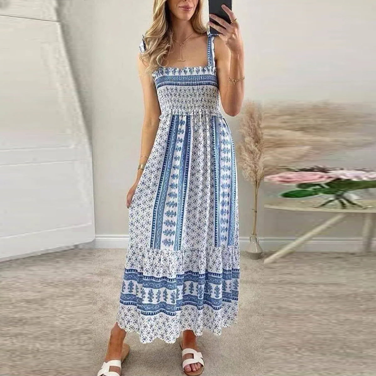 Blue Straps Printed Smocked Midi Dress