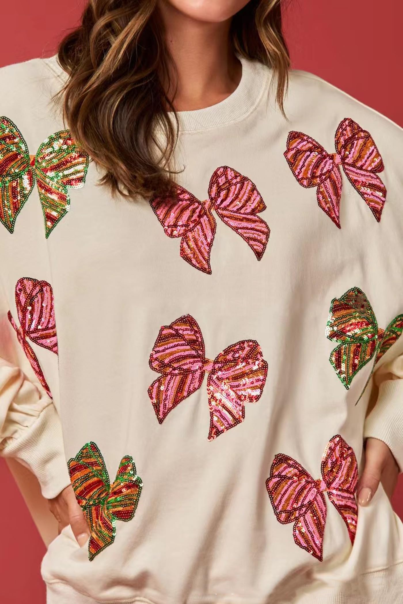 Christmas Bow Sequined Long Sleeve Sweatshirt