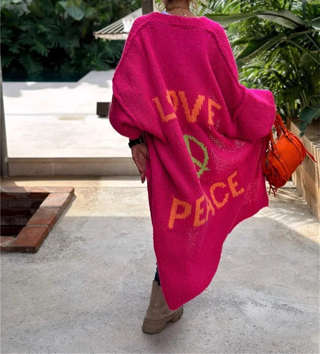 Boho Love Peace Printed Pocket Oversized Midi Cardigan