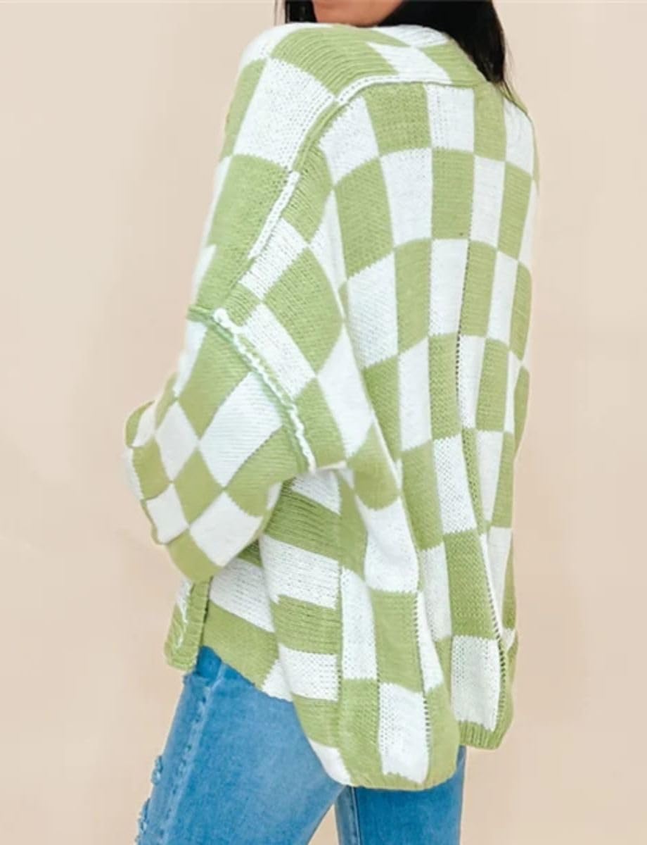 Color Block Plaid Checkered Cardigan Sweater