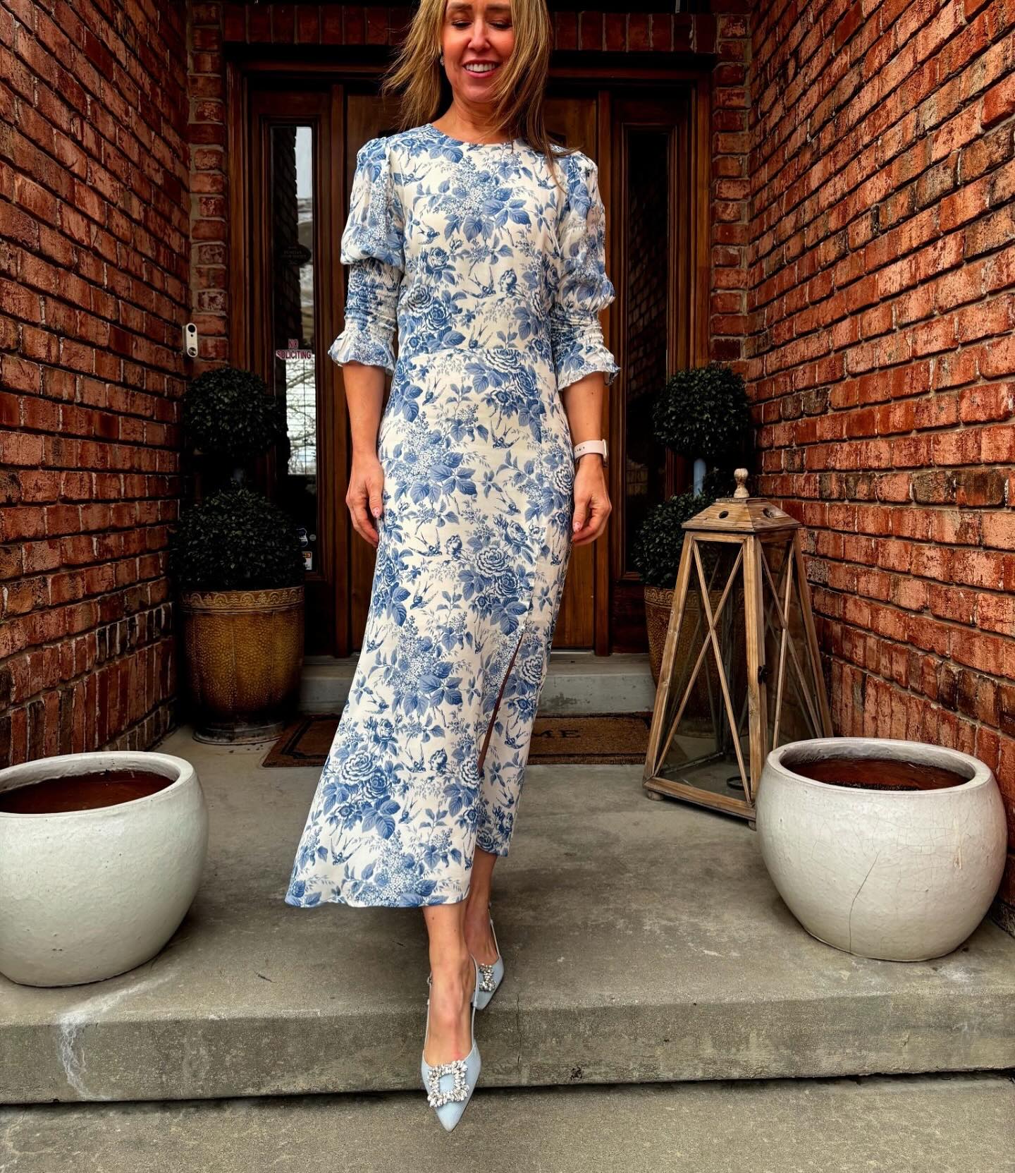 Blue Floral Print Ruffled Sleeves Slit Side Midi Dress