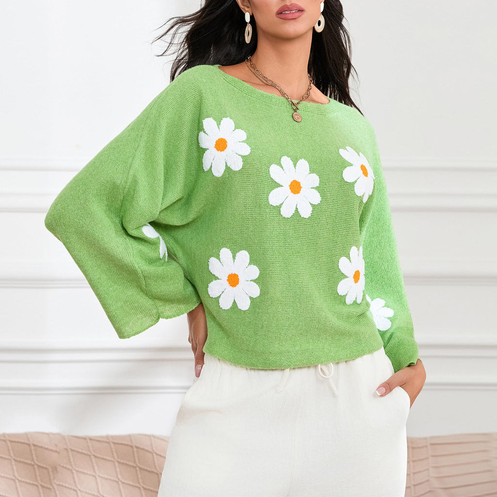 Embroidered Floral Knit Pullover Sweater