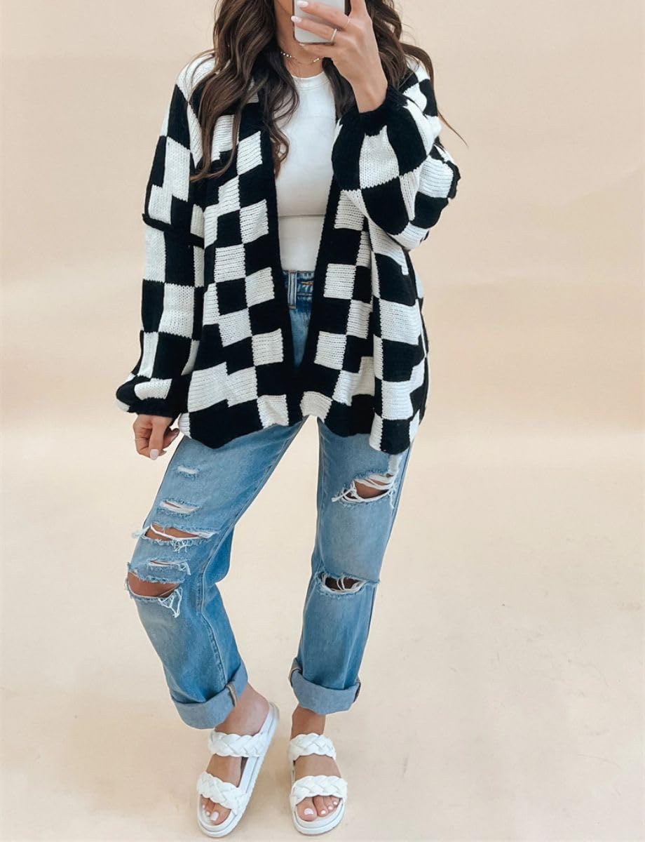 Color Block Plaid Checkered Cardigan Sweater
