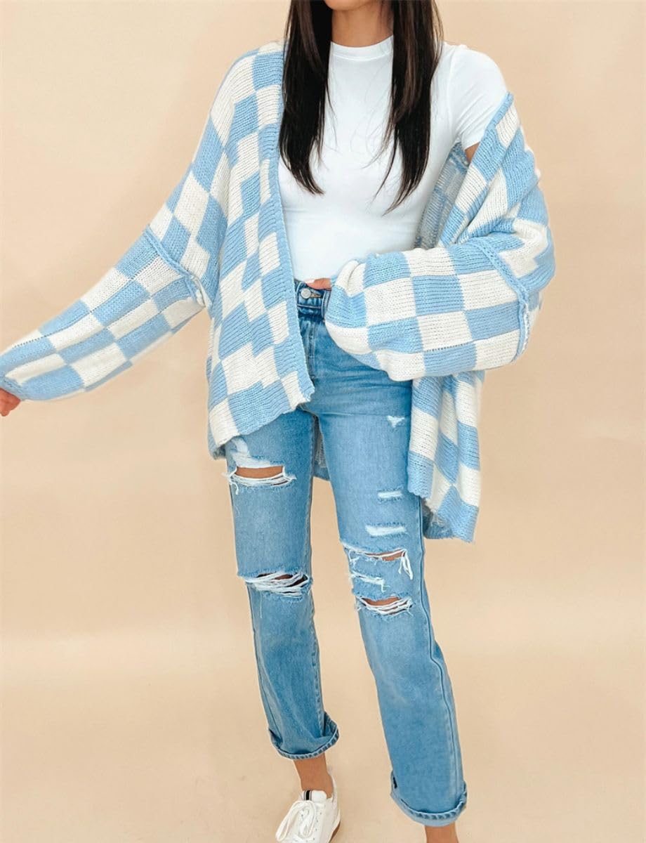 Color Block Plaid Checkered Cardigan Sweater