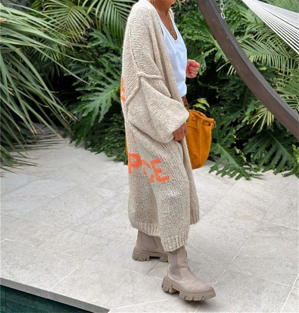Boho Love Peace Printed Pocket Oversized Midi Cardigan