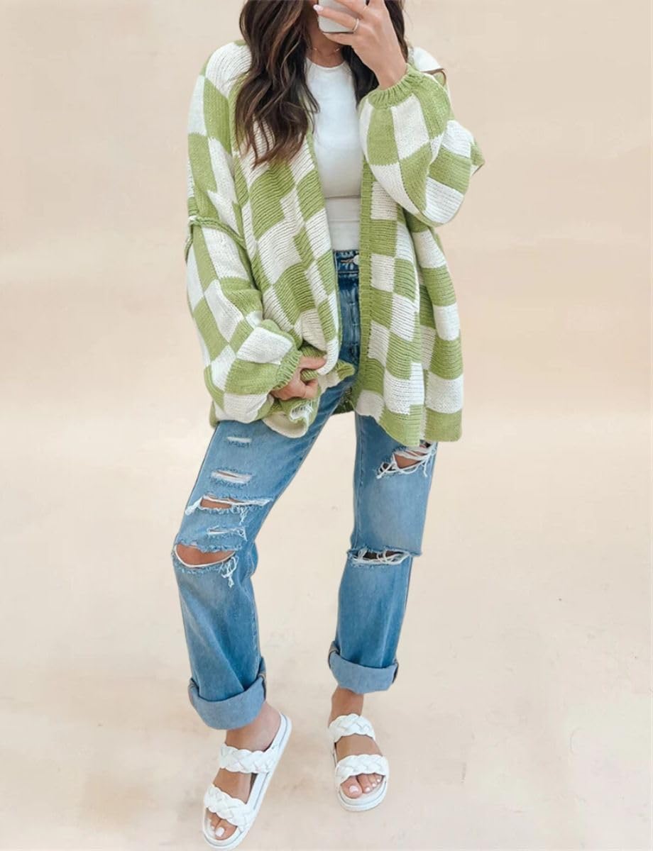 Color Block Plaid Checkered Cardigan Sweater