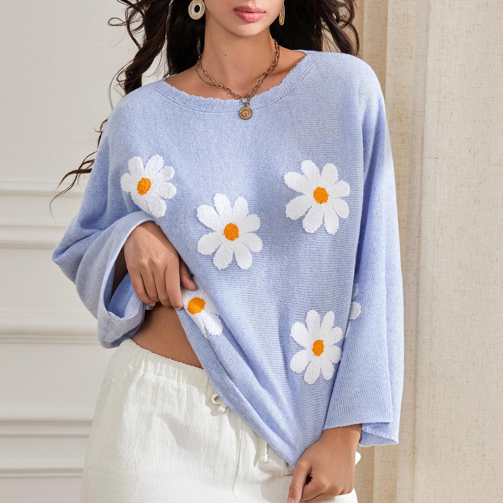 Embroidered Floral Knit Pullover Sweater