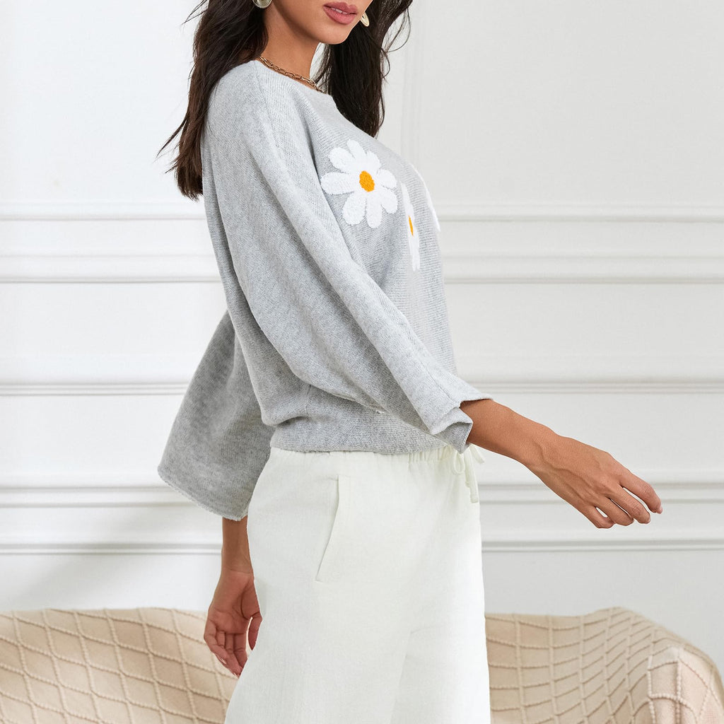Embroidered Floral Knit Pullover Sweater