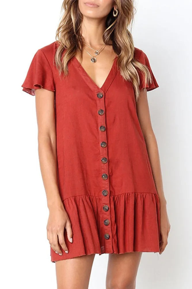 V-neck Button Down Ruffle Mini Dress