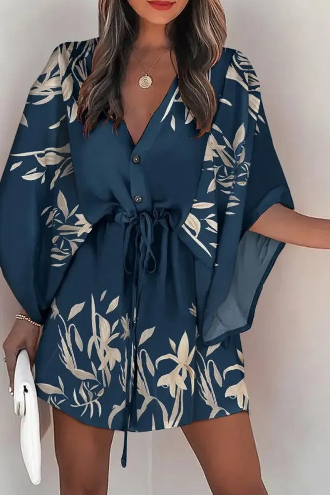 Casual Print V Neck Drawstring Waist Mini Dress