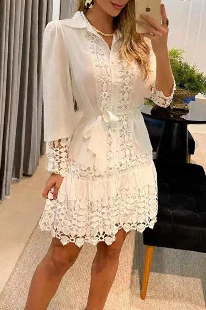 Contrast Lace Patchwork Shirt Collar Dress