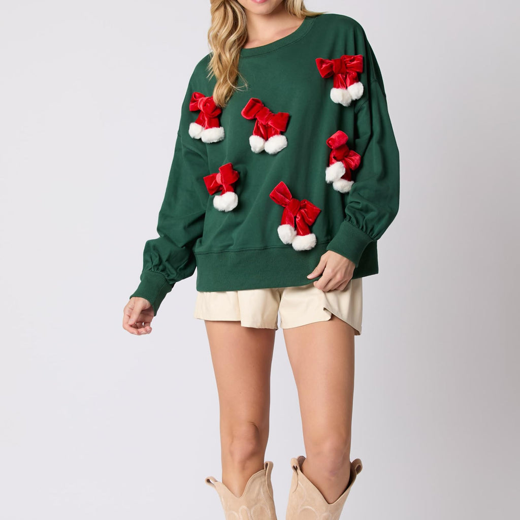 Christmas Bow Embellished Casual Long-sleeved Sweatshirt