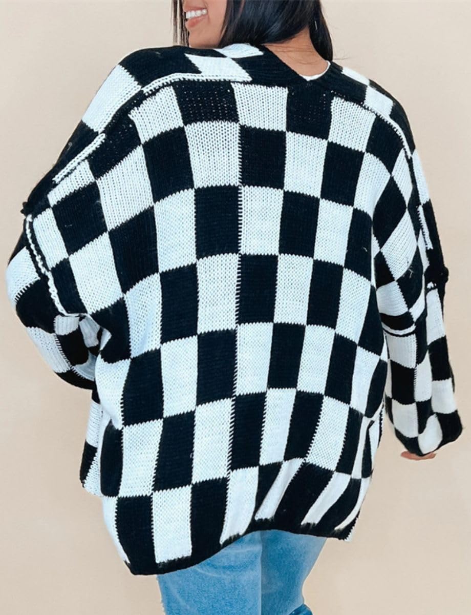 Color Block Plaid Checkered Cardigan Sweater