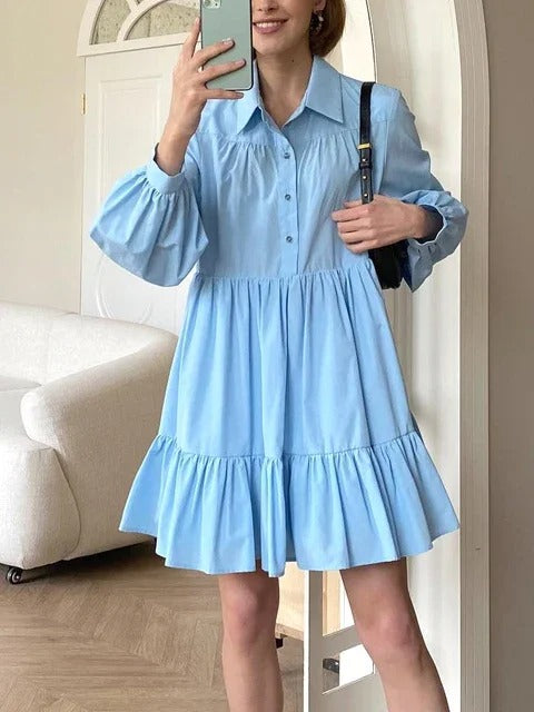 Vintage Long Sleeve Tiered Mini Shirt Dress
