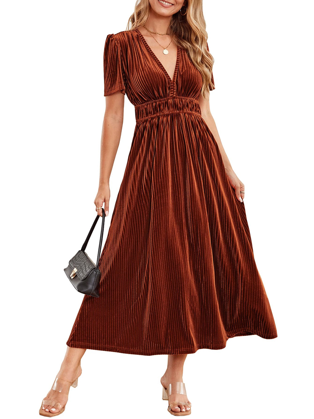 Elegant V-Neck Velvet Maxi Dress Wedding Guest Formal Party Long Dress