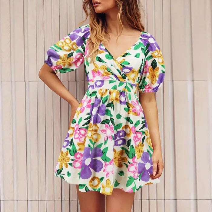 Floral Puff Sleeve Hollow Out Waist Mini Dress