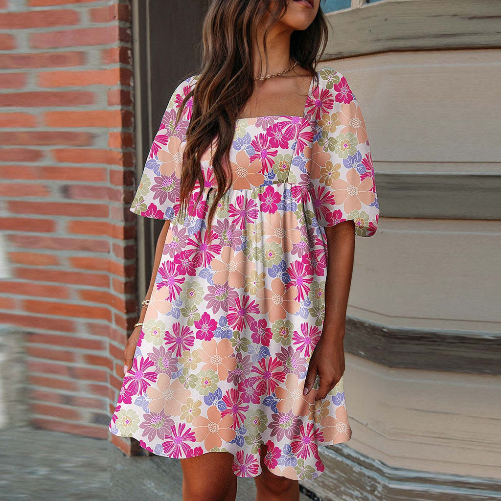 Printed Square Neck Half Sleeve Mini Dress