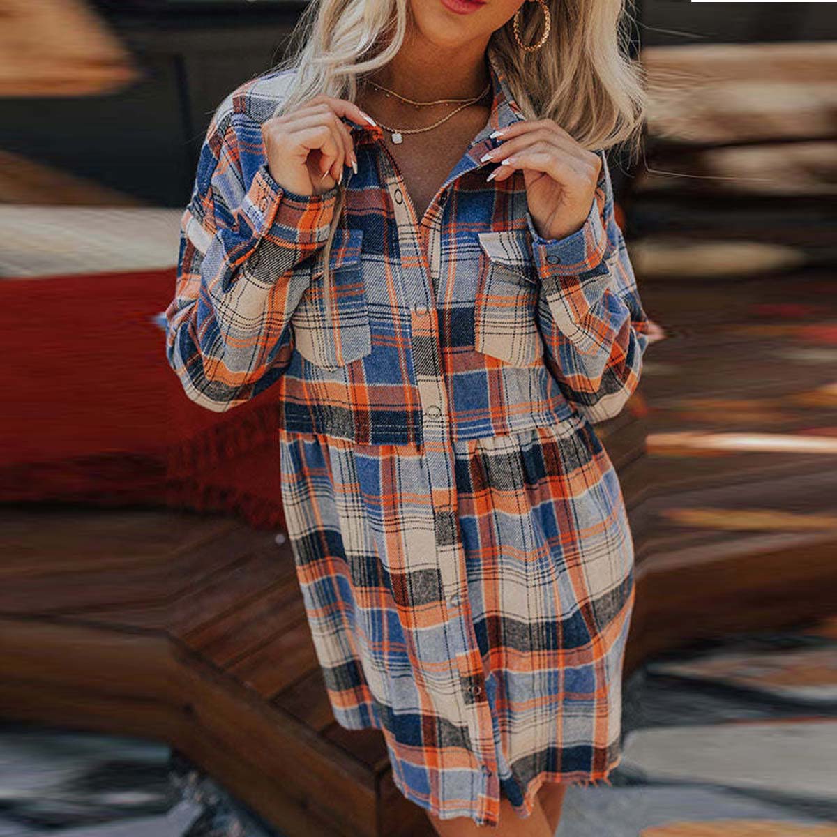 Contrast Plaid Buttons Down Mini Shirt Dress