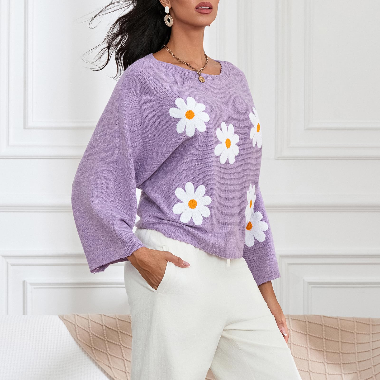 Embroidered Floral Knit Pullover Sweater
