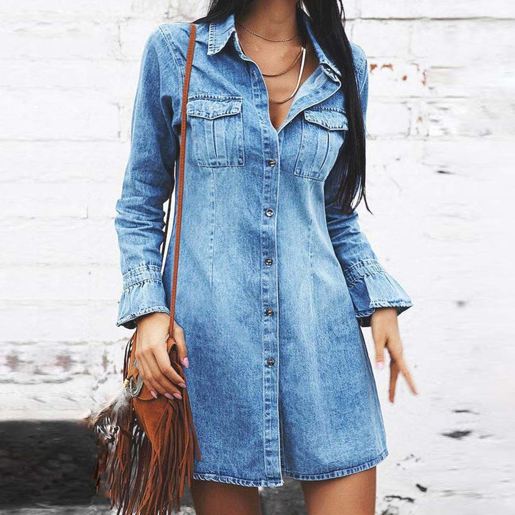 Collar Long Sleeve Buttons Down Min Denim Dress