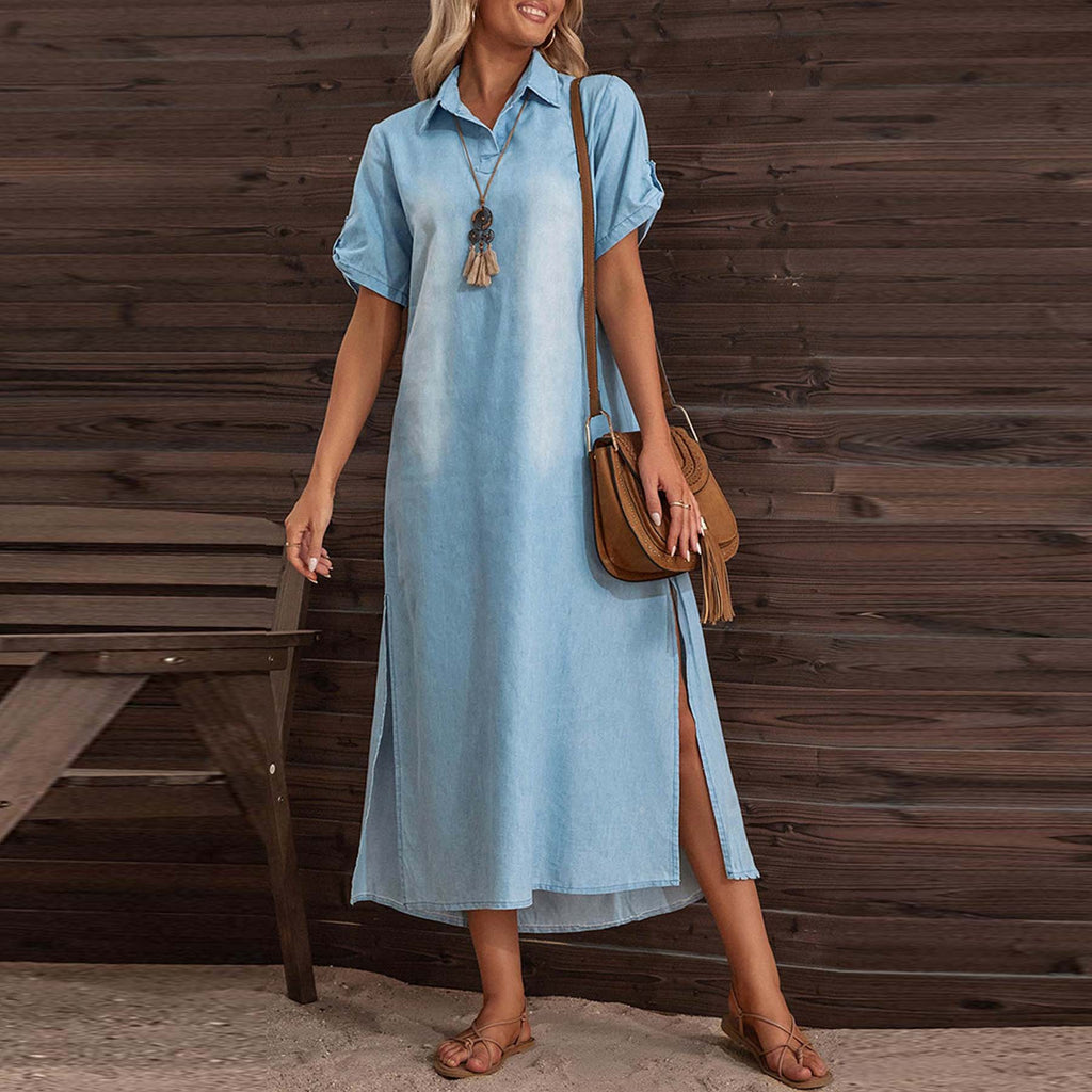 Collar Short Sleeves Slit Side Demin Midi Dress