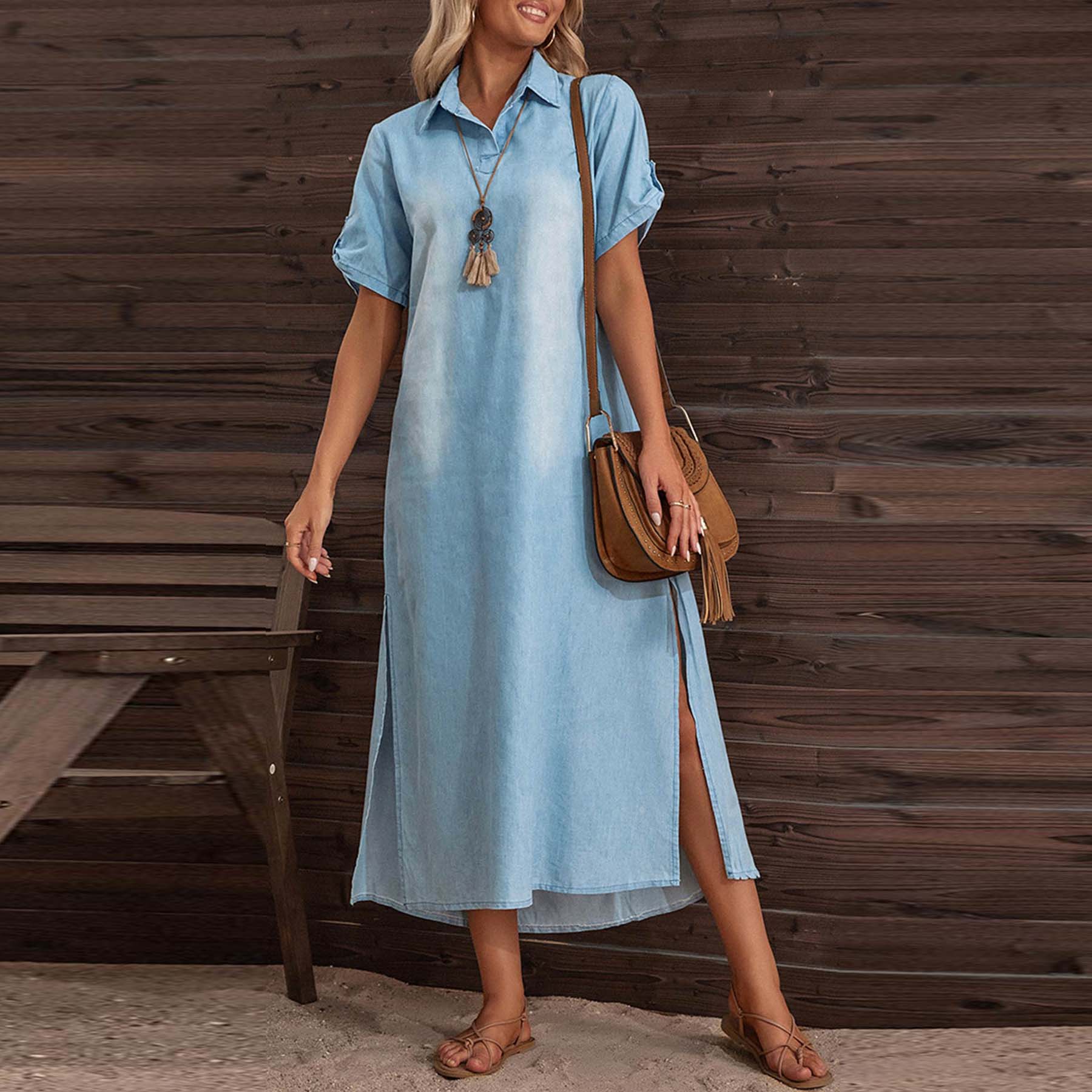 Collar Short Sleeves Slit Side Demin Midi Dress