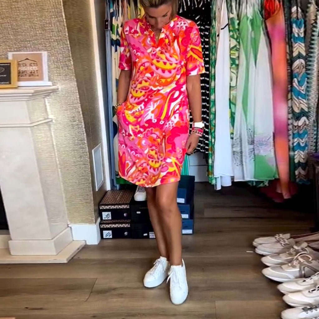 Pink Print Short Sleeve Mini Dress