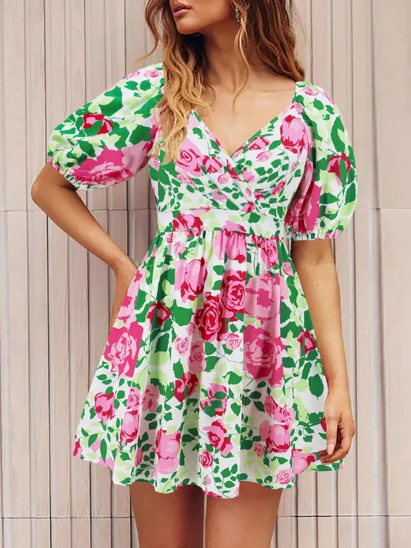 Floral Puff Sleeve Hollow Out Waist Mini Dress