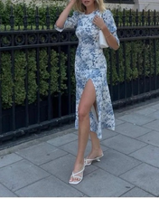 Load image into Gallery viewer, Blue Floral Print Ruffled Sleeves Slit Side Midi Dress
