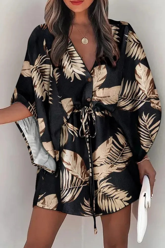 Casual Print V Neck Drawstring Waist Mini Dress