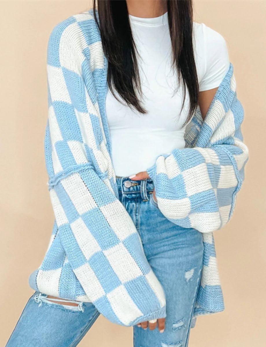 Color Block Plaid Checkered Cardigan Sweater