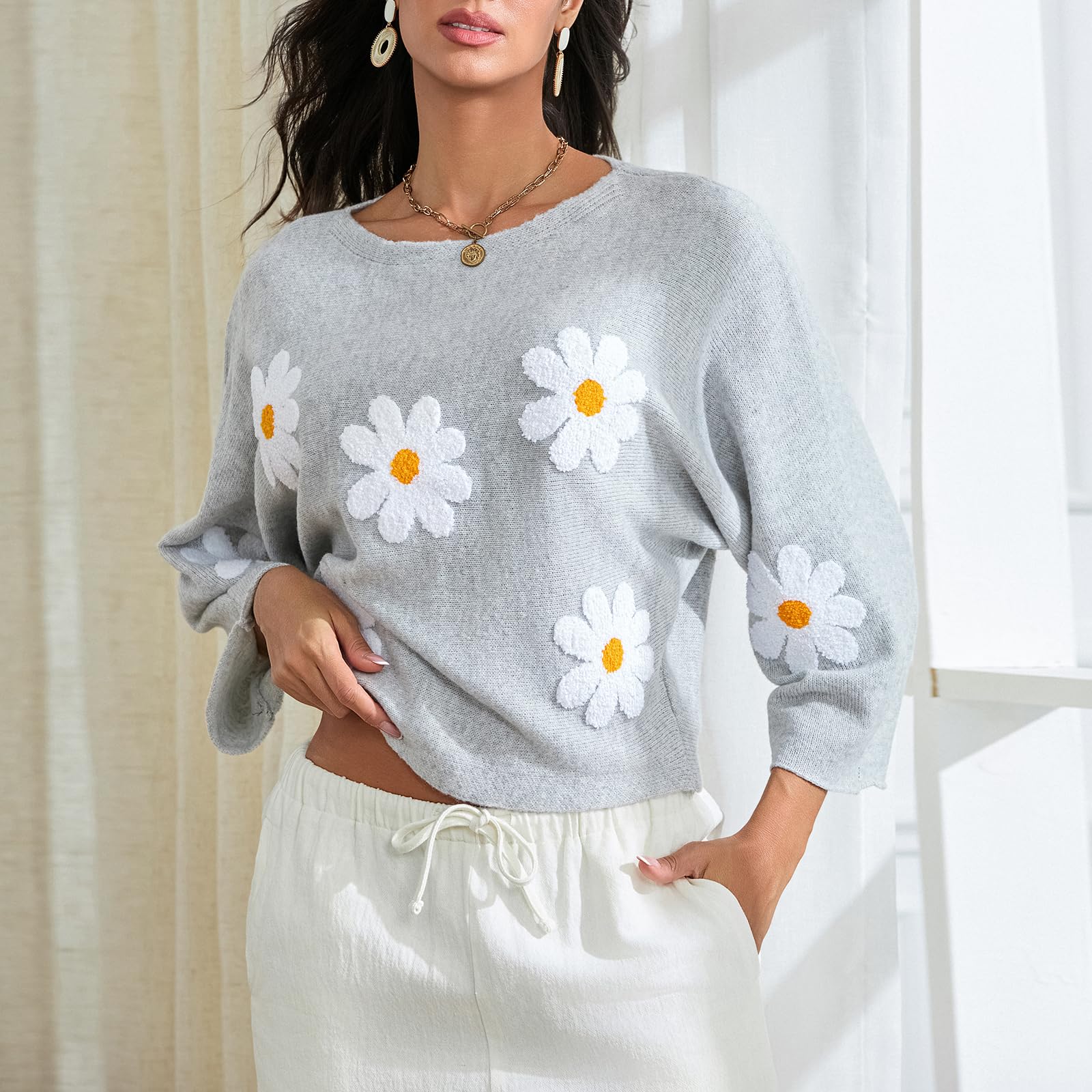 Embroidered Floral Knit Pullover Sweater