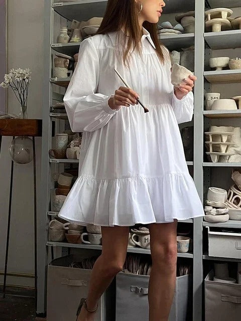 Vintage Long Sleeve Tiered Mini Shirt Dress