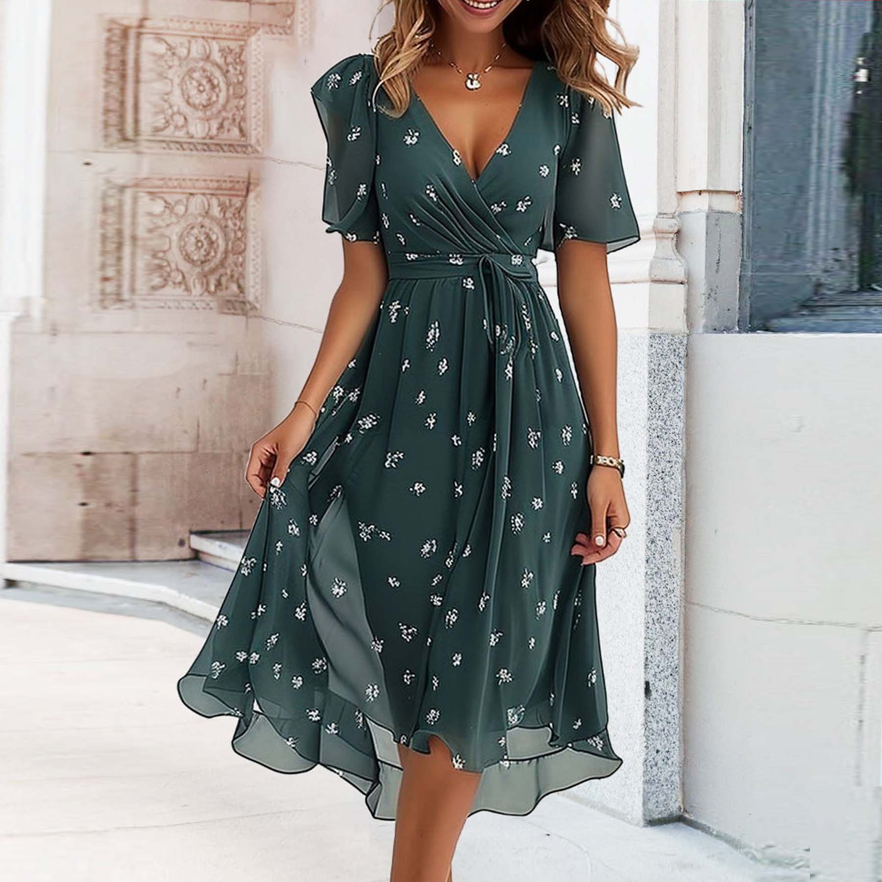 Dark Green Print Short Sleeve Midi Dress