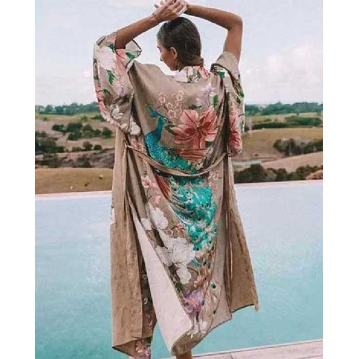 Boho Peacok Floral Print Kimono Robe Cover Up