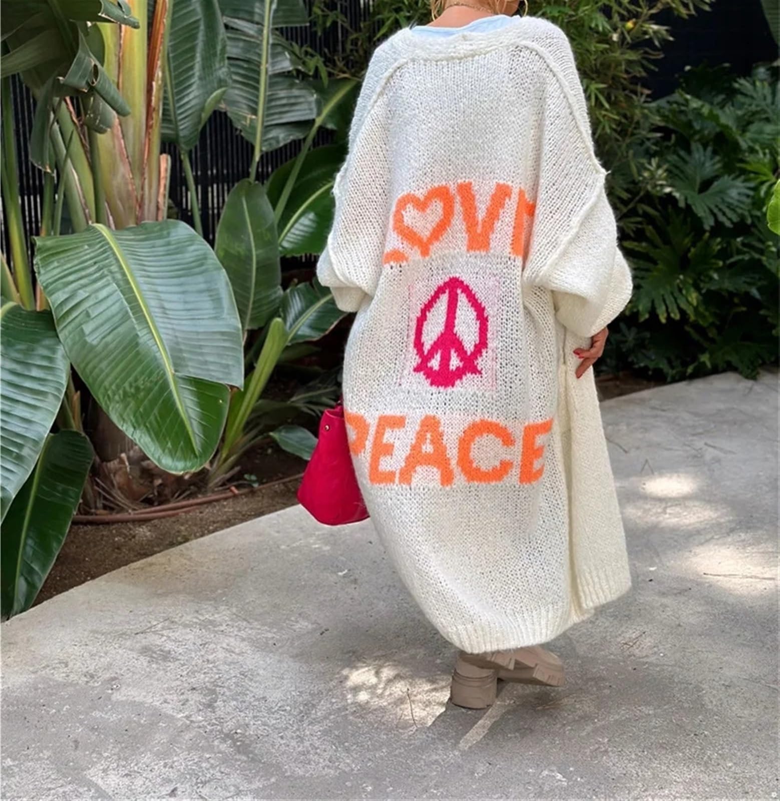 Boho Love Peace Printed Pocket Oversized Midi Cardigan