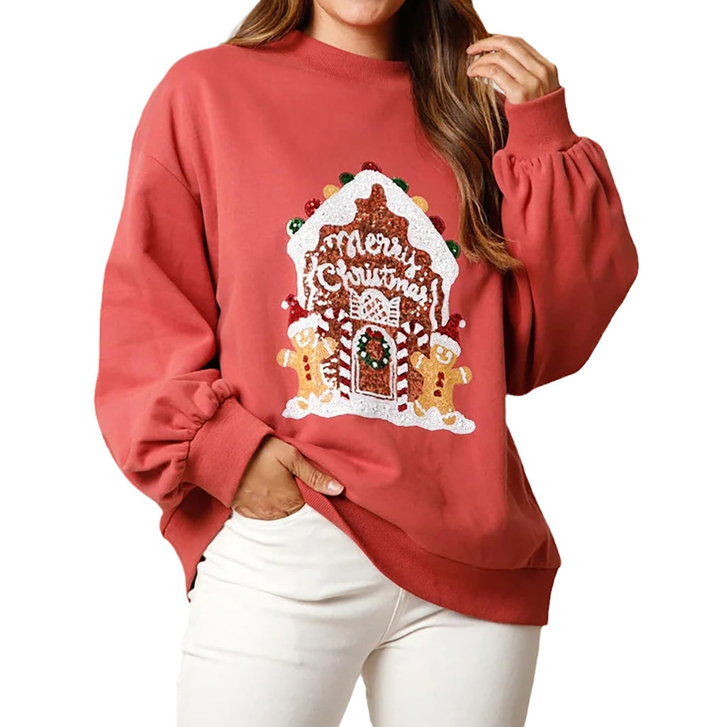 Christmas Casual Loose Long Sleeves Candy House Sequined Sweatshirt