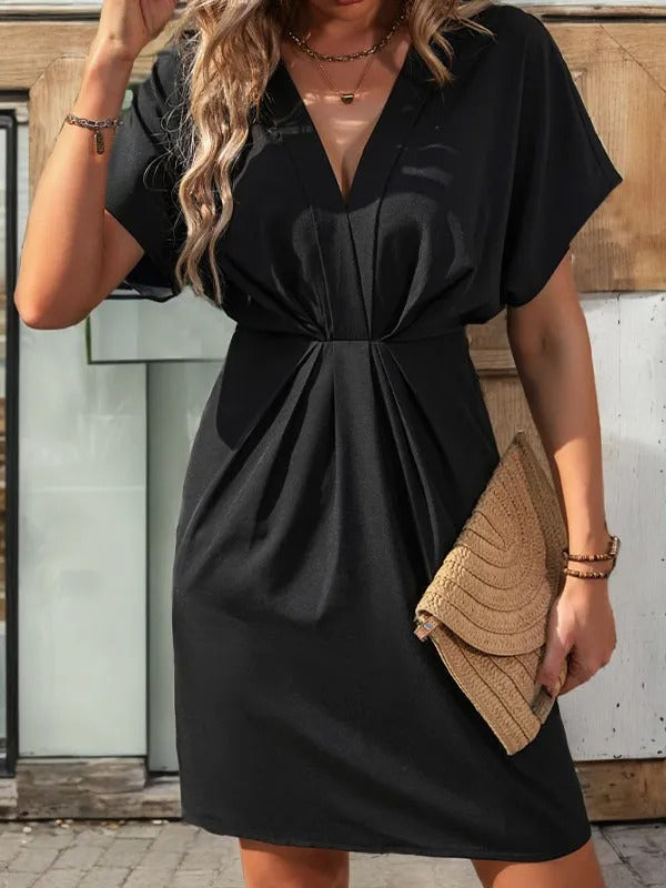 Black Pleated V-Neck Mini Dresses