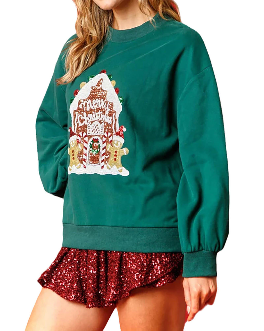 Christmas Casual Loose Long Sleeves Candy House Sequined Sweatshirt