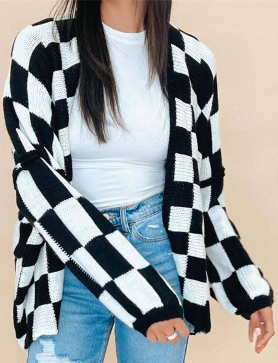Color Block Plaid Checkered Cardigan Sweater