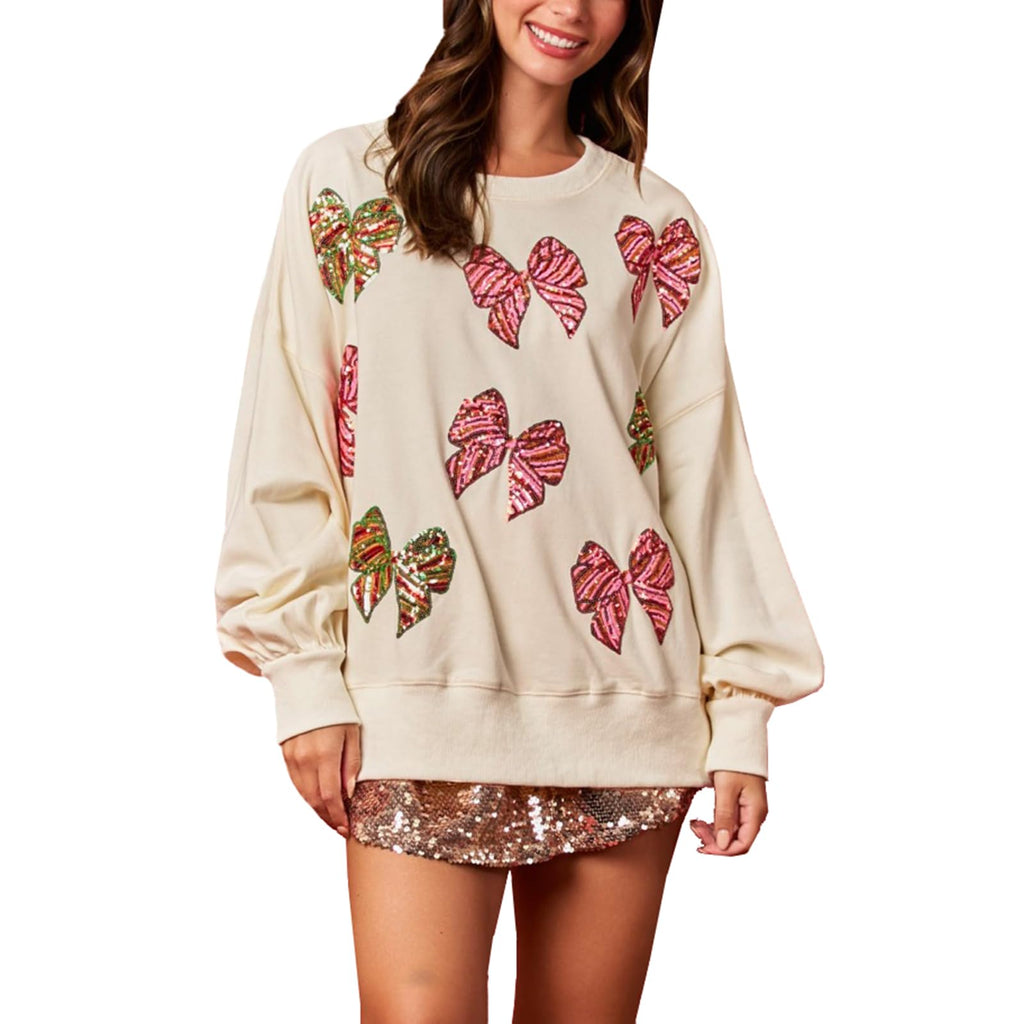 Christmas Bow Sequined Long Sleeve Sweatshirt