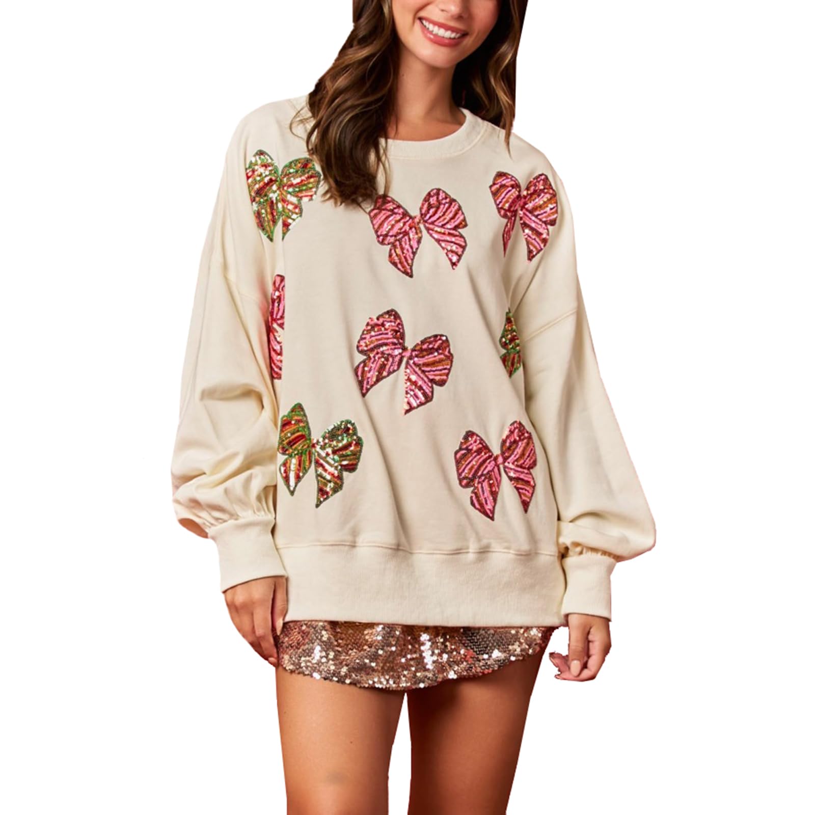 Christmas Bow Sequined Long Sleeve Sweatshirt
