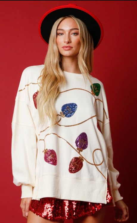 Christmas Lights Sequin Long Sleeve Slit Pullover Sweatshirt