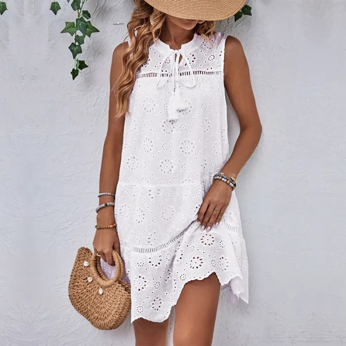 White Sleeveless Hollow Out Mini Dress